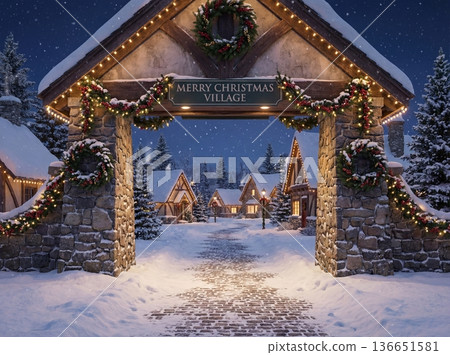Christmas Village Entrance with Stone Archway and Festive Decorations in Snowy Winter 136651581