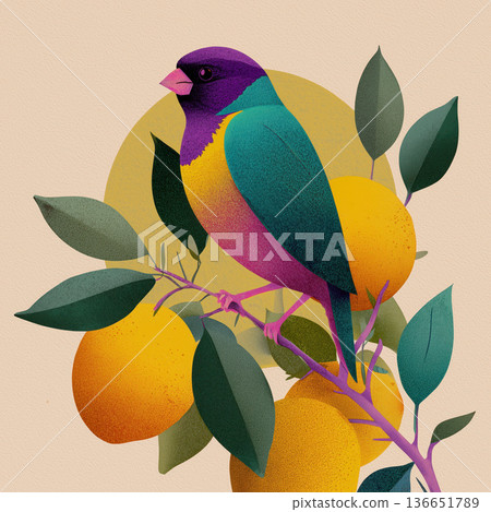 Colorful bird citrus branch tropical finch fruit vibrant illustration nature exotic bird orange tree minimal modern art print Colorful bird citrus branch tropical finch fruit vibrant illustration nature exotic bird orange tree minimal modern art print 136651789