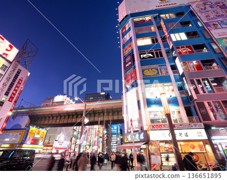 Akihabara's JR elevated railway and nighttime electronics district, Tokyo 136651895
