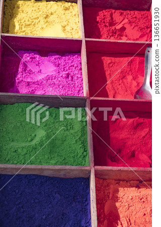 red and yellow, green, blue dry paint for holi red and yellow, green, blue dry paint for holi 136651930