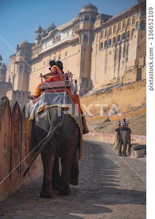 Amber fort, people on elephants. Jaipur. India Amber fort, people on elephants. Jaipur. India 136652109