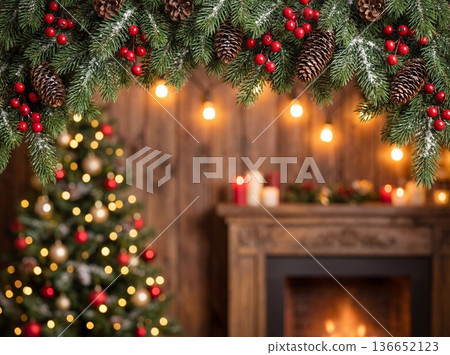 Christmas Background with Fir Branch Border and Blurred Cozy Room Scene 136652123