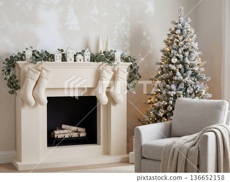 Christmas living room interior with white fireplace stockings and flocked tree 136652158