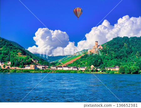 Balloon composite floating over the Rhine River castle Balloon composite floating over the Rhine River castle 136652381