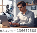 A man and a robot working on a laptop in an office. AI, digitalization, future business environment and technology 136652388