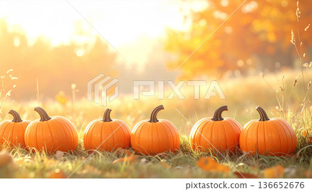 Autumn grassland with a row of fairytale-like small pumpkins, Halloween image background material Autumn grassland with a row of fairytale-like small pumpkins, Halloween image background material 136652676