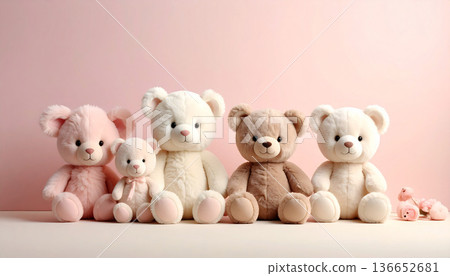 粉紅色背景，上面印著一排童話風格的可愛泰迪熊/毛絨玩具設計素材 136652681