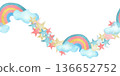 Watercolor seamless pattern border multi colored rainbow, clouds and stars. Composition isolated from the background. Hand drawn illustration for print, Baby shower, stationery, scrapbooking 136652752