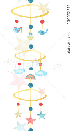 Seamless border vertical hand drawn watercolor cartoon illustration. Baby cradle Mobile with cloud, rainbow and stars isolated from background. For baby shower, posters, invitations, scrapbooking 136652753