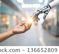 A human hand and a robot arm touching fingertips under the setting sun. Coexistence of artificial intelligence and humanity, future technology, hope. 136652809