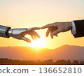 A human hand and a robot arm touching fingertips under the setting sun. Coexistence of artificial intelligence and humanity, future technology, hope. 136652810