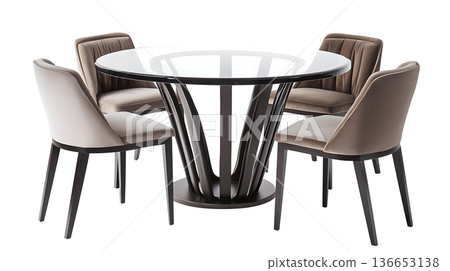 A glass table with four chairs around it 136653138