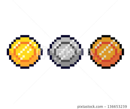 Pixel art gold, silver, and bronze coins arranged side by side Pixel art gold, silver, and bronze coins arranged side by side 136653239