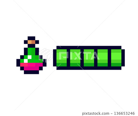 Pixel art potion and health bar icons for retro video games and user interfaces Pixel art potion and health bar icons for retro video games and user interfaces 136653246