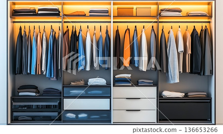 A closet with many clothes hanging on the racks 136653266