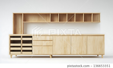 A wooden kitchen cabinet with a white background 136653351