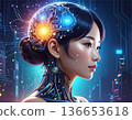 A female android with a brain made of shining circuits. Artificial intelligence, deep learning, next-generation computing 136653618
