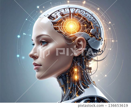 A female android with a brain made of shining circuits. Artificial intelligence, deep learning, next-generation computing A female android with a brain made of shining circuits. Artificial intelligence, deep learning, next-generation computing 136653619