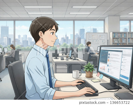 一名男子正在工作中愉快地操作電腦。 一名男子正在工作中愉快地操作電腦。 136653722