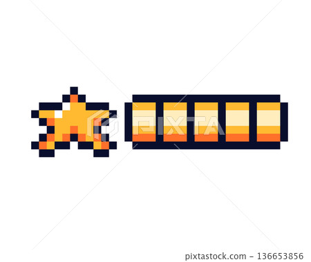 Pixel art star and battery icon, retro gaming graphic elements 136653856