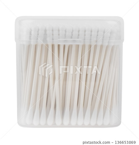 Cotton swabs in a transparent jar isolated on a white background 136653869