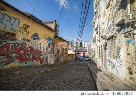 Street graffiti covers houses in Rio 136653997