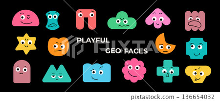 Playful Geometric Shape Characters with Cute Faces 136654032