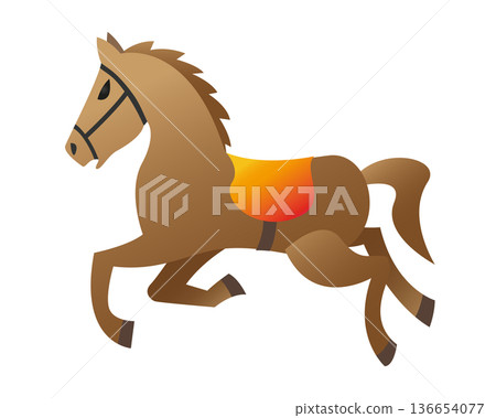 Stylized brown horse with orange saddle running in profile Stylized brown horse with orange saddle running in profile 136654077
