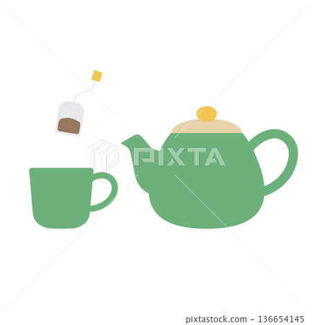 A simple illustration of a teapot, cup and tea bag A simple illustration of a teapot, cup and tea bag 136654145