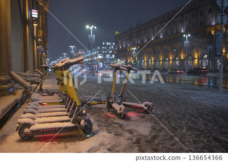 snowfall in the center of Minsk at night snowfall in the center of Minsk at night 136654366