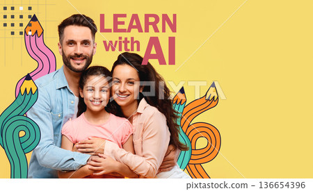 European parents are hugging their daughter while smiling at the camera. They have a joyful expression and are standing in front of a bright yellow background in a studio setting. 136654396