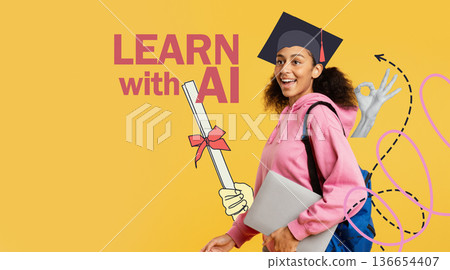 A happy student girl walks with her laptop and backpack against a bright yellow backdrop. She is excited about starting the new semester and ready to learn. The atmosphere is cheerful and energetic. 136654407