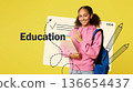A cheerful african american student girl holds college workbooks while posing against a yellow backdrop. She points to the side, expressing enthusiasm for education and school activities. 136654437