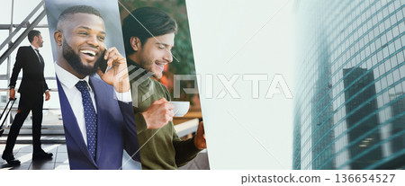 A successful businessman works online using a laptop at a modern office. He laughs while looking aside and enjoys his work. The atmosphere is professional and focused. A successful businessman works online using a laptop at a modern office. He laughs while looking aside and enjoys his work. The atmosphere is professional and focused. 136654527