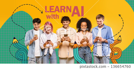 Five young adults stand side by side against a yellow background. They focus on their smartphones, engaged in their own activities. This scene highlights technology use among youth. Five young adults stand side by side against a yellow background. They focus on their smartphones, engaged in their own activities. This scene highlights technology use among youth. 136654760