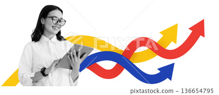 A person is looking at a tablet while standing in front of colorful arrows and swirls. The colors are bright and eye-catching. The setting is simple and the focus is on the activity. A person is looking at a tablet while standing in front of colorful arrows and swirls. The colors are bright and eye-catching. The setting is simple and the focus is on the activity. 136654795