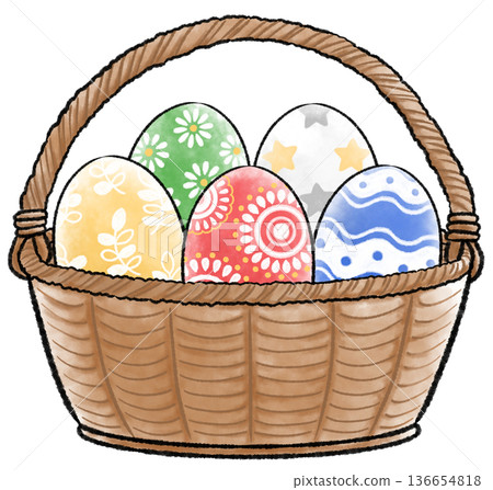 Watercolor illustration of colorful Easter eggs in a basket 136654818