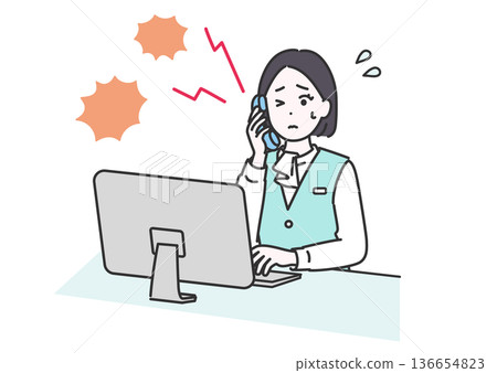 Illustration of a business woman surprised by a complaint phone call 136654823