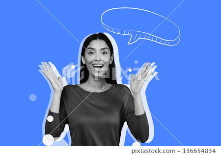A woman shows excitement and happiness in a collage. She raises her hands and smiles widely. The background features a blue color and a speech bubble, creating a playful scene. A woman shows excitement and happiness in a collage. She raises her hands and smiles widely. The background features a blue color and a speech bubble, creating a playful scene. 136654834