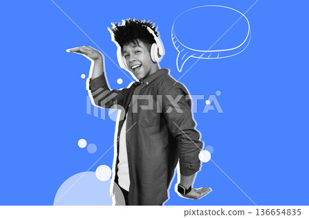 A young person wears headphones and smiles while making a gesture with one hand. The background is blue with speech bubble elements. This collage represents music and communication. 136654835