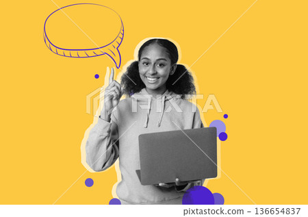 A person stands with a laptop in hands and points up with a smile. The background is a bright color with graphic elements. This scene suggests engagement and communication. 136654837