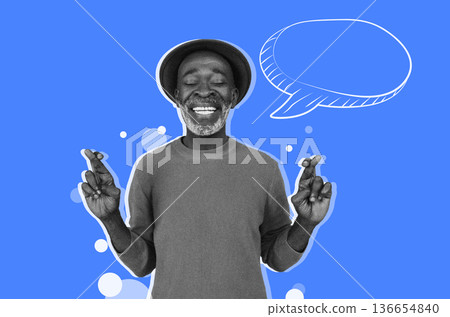 A man smiles widely while crossing his fingers. He wears a hat and stands against a blue background. A speech bubble appears near him, suggesting he is about to speak or share something. A man smiles widely while crossing his fingers. He wears a hat and stands against a blue background. A speech bubble appears near him, suggesting he is about to speak or share something. 136654840