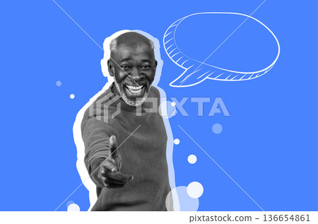 A man with gray hair smiles while extending a hand. He is placed against a blue background with a speech bubble design. The collage showcases a cheerful interaction. A man with gray hair smiles while extending a hand. He is placed against a blue background with a speech bubble design. The collage showcases a cheerful interaction. 136654861