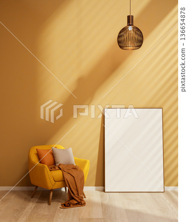 Yellow sofa chair with cushion and blanket under hanging lamp and white frame canvas in yellow room. Yellow sofa chair with cushion and blanket under hanging lamp and white frame canvas in yellow room. 136654878