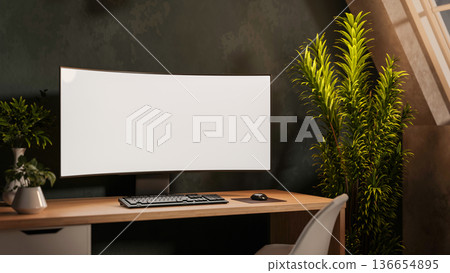 White curved screen computer and potted plants on wooden table with chairs under attic roof window. White curved screen computer and potted plants on wooden table with chairs under attic roof window. 136654895