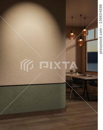 White and green wall with spotlight and dining table under lamp on wooden parquet floor in dim room. 136654896