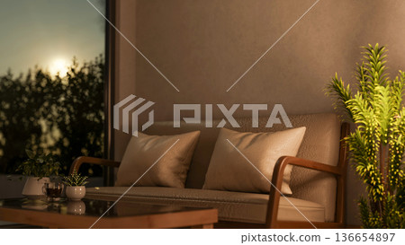 Wooden sofa with cushions and coffee cup on table aside houseplant and glass wall in dim living room Wooden sofa with cushions and coffee cup on table aside houseplant and glass wall in dim living room 136654897