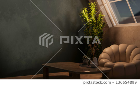 Books and vase on wooden table aside leather flower sofa chair and houseplant in dim lit attic room. Books and vase on wooden table aside leather flower sofa chair and houseplant in dim lit attic room. 136654899