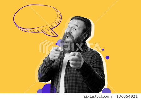 A man stands with a big smile and points towards the viewer. He appears happy and confident. A speech bubble is shown above him. The background is bright yellow with colorful dots. 136654921