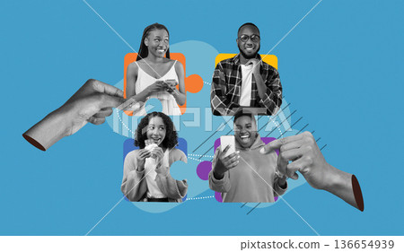 A collage shows four people engaged with their mobile devices. They are in a bright setting. Two people smile while others look at their screens. A collage shows four people engaged with their mobile devices. They are in a bright setting. Two people smile while others look at their screens. 136654939